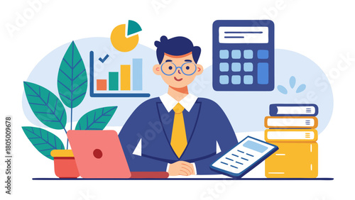 Vector illustration of businessman working on laptop at desk with office supplies