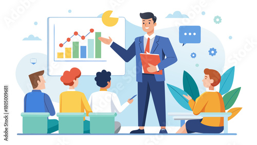 Vector illustration of business team meeting with presentation