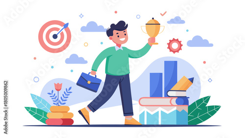 Vector illustration of businessman with trophy and briefcase