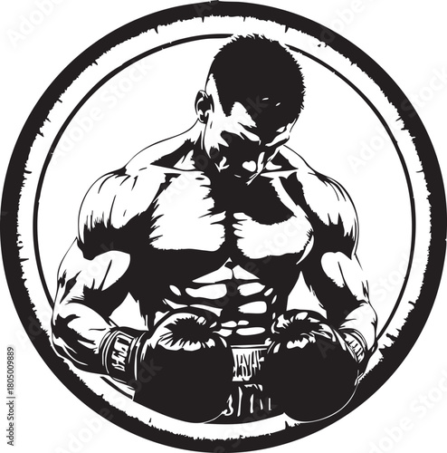 Boxer in gloves with bowed head inside circular frame in black and white vector symbolizing strength and focus