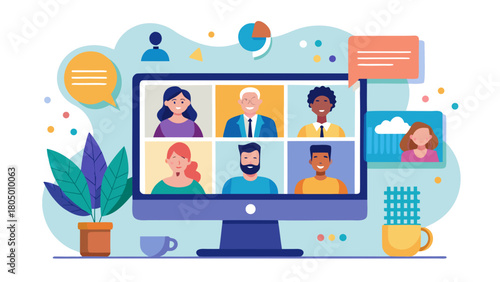 Vector illustration of remote team meeting on computer screen with diverse people