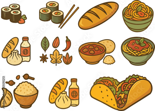 Colorful cartoon world cuisine featuring sushi pasta tacos bread dumplings and other food icons.
