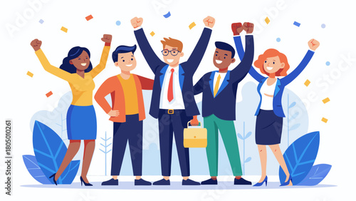 Diverse group of business professionals celebrating success with raised arms and confetti falling around them