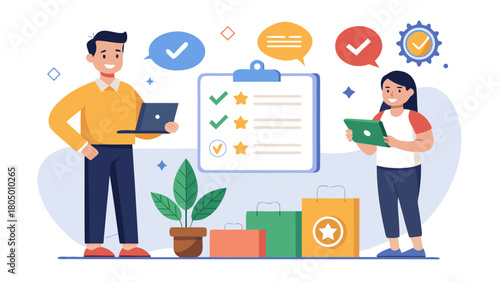 Diverse team collaborating on a checklist and tasks using laptops and tablets for project success