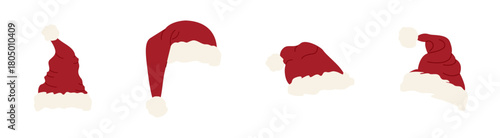 A set of red Santa hats of various shapes on a white background. A festive Christmas headdress with white fur trim and a pom-pom. A traditional Christmas element.