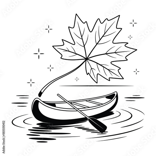 illustration of a canoe on water with a paddle and a large leaf under a moon and stars, vector design