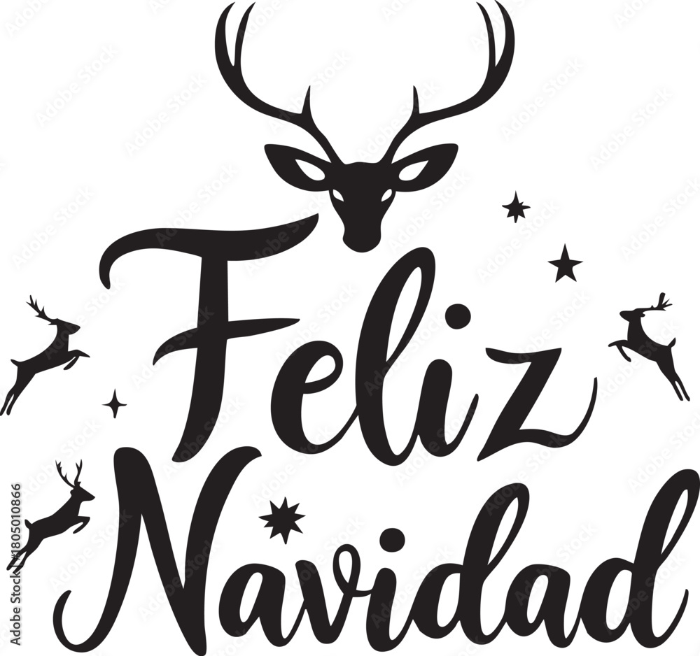Fototapeta premium Feliz Navidad festive vector with deer silhouette stars and flying reindeer in decorative black and white design