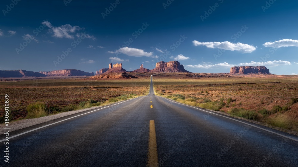 Fototapeta premium Endless road to monument valley at sunset. AI image