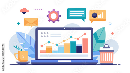 Digital marketing analytics and business growth represented by a laptop displaying charts and graphs