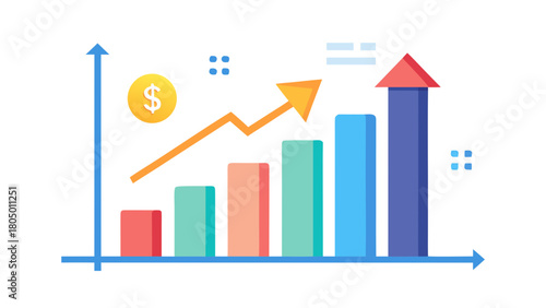 Colorful bar chart and line graph showing upward trend and dollar coin symbolizing financial growth and success