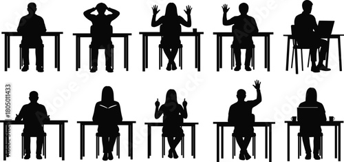 Office workers sitting at desk silhouette, business people working, laptop reading writing, communication gestures, workplace vector illustration