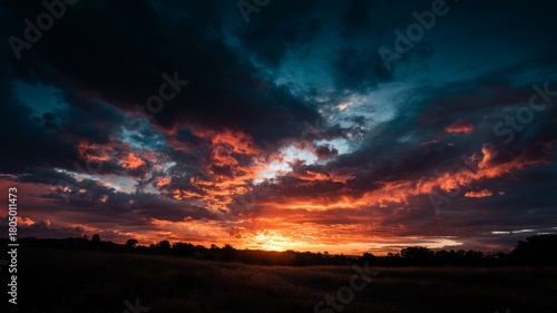 Fiery sunset over tranquil lake. AI image