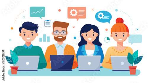 Diverse team of four professionals collaborating and working together on laptops in a modern office setting