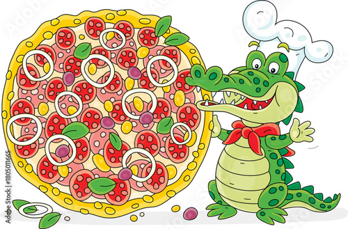Funny green crocodile cook ...