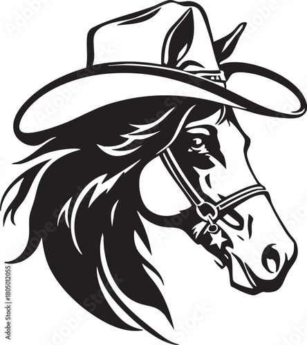 Horse head with cowboy hat and star bridle in bold black and white Western-style vector illustration