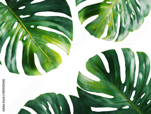 Scattered Monstera Deliciosa Leaves On Transparent Backdrop With Naturalistic Green Tones For Tropical Botanical Themed Projects In Realistic Detail As A Set Of Isolated Foliage