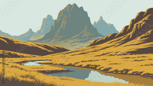 Golden dry grass by a tranquil lake, with a rocky mountain reflected in the water, isolated vector image for nature projects.