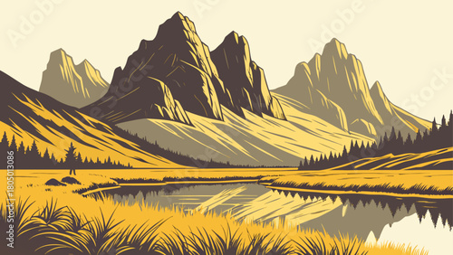 Vector illustration of a rocky mountain peak, reflected in a serene lake with dry golden grass at the shore, isolated for landscapes.