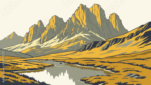 Rugged rocky mountain with clear lake reflection and golden dry grass framing the water’s edge, isolated vector for nature and adventure themes.