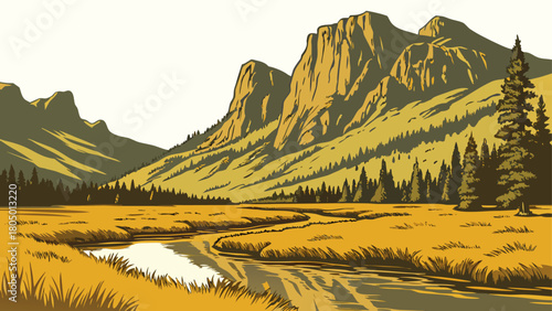 High-resolution isolated vector of a rocky mountain peak, reflecting in a clear lake, with golden dry grass surrounding the shoreline.