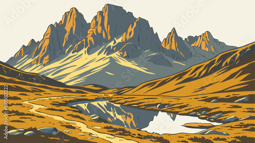Serene lake reflecting a rugged mountain peak, golden dry grass around the edges, detailed isolated vector design for outdoor landscapes.