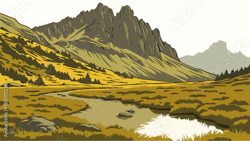Rugged rocky mountain with reflection in a still lake, golden dry grass at the base, high-quality isolated vector artwork.