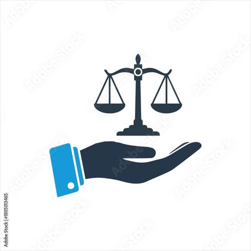 Hand holding justice scales icon for law and legal services
