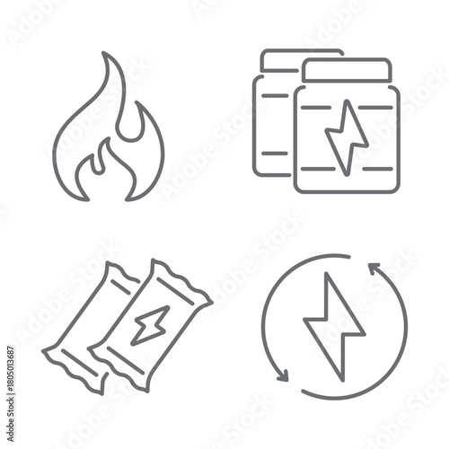 Energy and sport supplement line icon set isolated on transparent background. Minimal editable-stroke symbols for fitness, workout, and nutrition design.