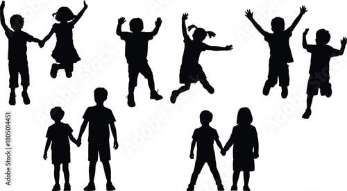 Silhouette group of cheerful children playing, jumping and holding hands, happy childhood friendship illustration, kids outdoor fun activity concept