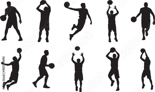 Basketball player silhouettes set showing various action poses and movements