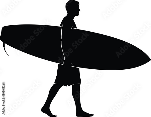 Silhouette of a surfer carrying a longboard on the  on the beach in profile, preparing to ride ocean waves, vector graphic design.