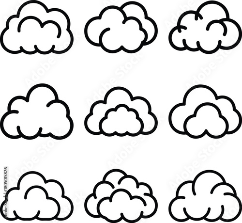 Collection of hand drawn cloud icons in outline style