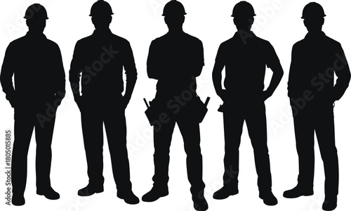 Silhouette group of construction workers wearing hard hats and tool belts, engineering labor workforce team illustration, industrial safety concept