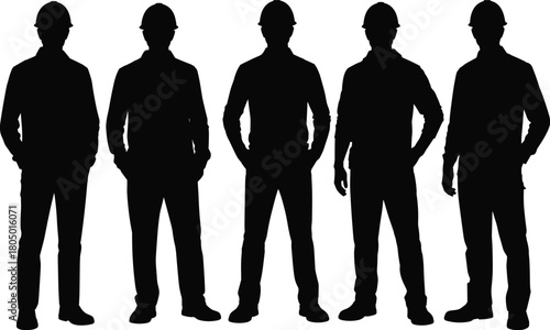 Silhouette group of construction workers wearing safety helmets, industrial engineering labor workforce team illustration, builder occupation and teamwork concept