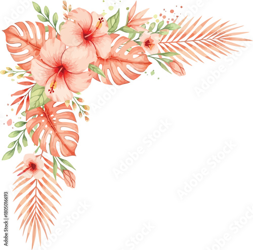 Tropical corner floral arrangement with pink hibiscus flowers and dried palm leaves watercolor illustration