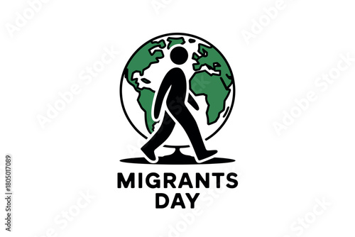 A person walks across the globe with the text 'Migrants Day' underneath, symbolizing global migration and movement.
