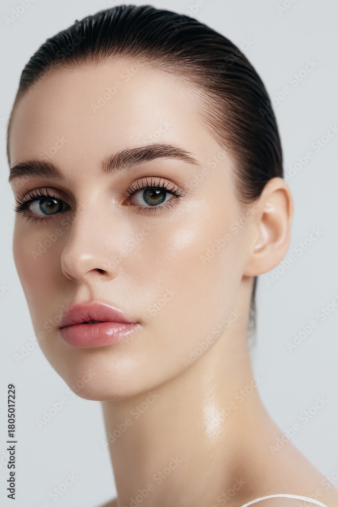 Obraz premium Stunning young woman with flawless skin and natural makeup radiating confidence and beauty, perfect for cosmetic and lifestyle campaigns