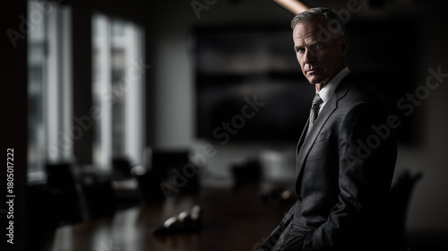 Mature businessman standing alone by conference table in boardroom