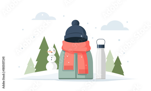  Hiking clothes and accessories against a winter landscape