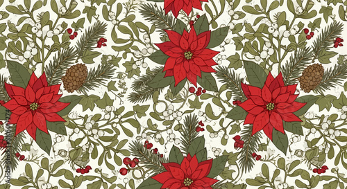 Vibrant red poinsettias and festive greenery create a timeless Christmas pattern perfect for holiday decorations and seasonal crafting projects
