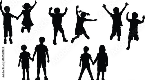 Silhouette group of happy children jumping and holding hands, kids playing together, childhood fun activity illustration, friendship outdoor concept