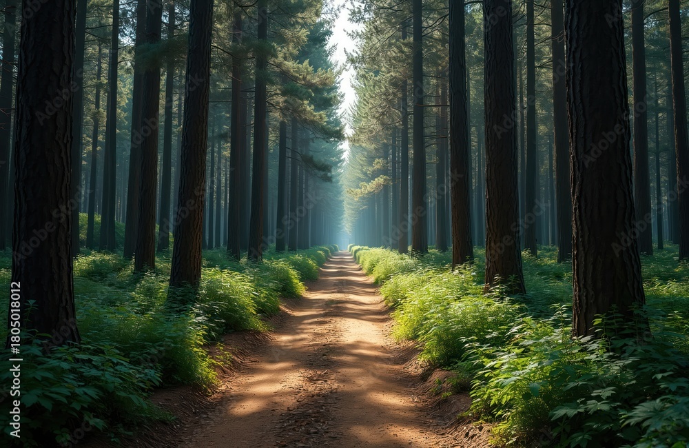 Obraz premium Straight pathway runs through green. Tall trees grow in forest. Path leads deep into plant grove. Natural environment eco system with sunlight. Rich vegetation at forest edge.
