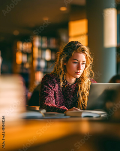 Student researching at library desk, focused young woman using laptop in warm indoor study area with books, natural light, academic atmosphere, concentration, learning
