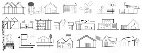 Residential architecture line icon collection — various house shapes roof types, facade styles floor-plan symbols and minimal structural elements for property design urban planning, and vector illustr