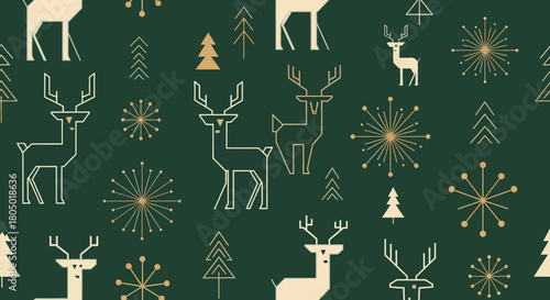 Elegant geometric reindeer and snowflake pattern with festive pine trees on a deep forest green background, perfect for holiday invitations and seasonal decor.