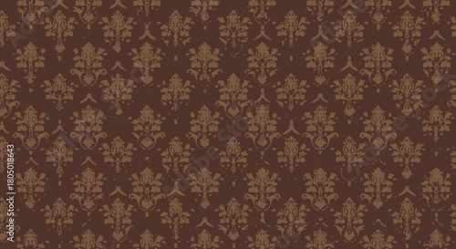 Rich, vintage damask wallpaper pattern in deep burgundy with ornate golden and green floral motifs, evoking classic elegance and timeless luxury.