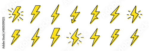 Lightning bolt icon vector set, electric energy flash symbol collection isolated on transparent background