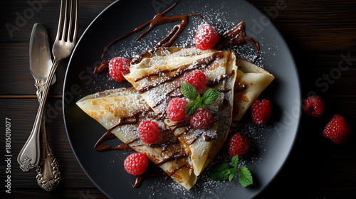 Gourmet French dessert crepes dusted with sugar and filled with chocolate