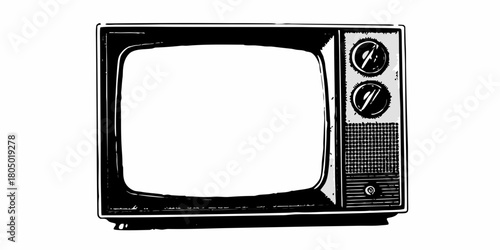 Vintage television set with a blank screen and analog dials in a hand drawn sketch style