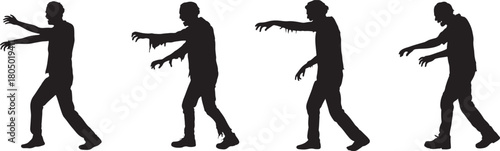 Zombie walking silhouettes set showing creepy undead character poses for horror design